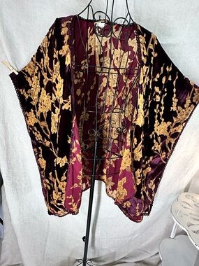 NATURAL LIFE Burn Out Velvet Burgundy Kimono